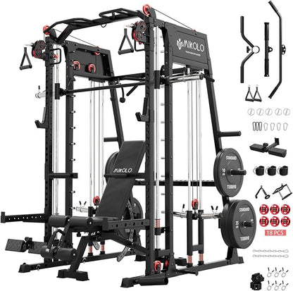 Mikolo M4 2.0 Smith Machine, 2200lbs Squat Rack with LAT-Pull Down System & Cable Crossover Machine, Training Equipment with Leg Hold-Down Attachment