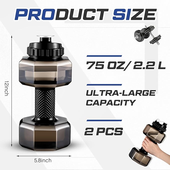2 Pcs Christmas Dumbbell Water Bottle Gifts, 2.2 L / 75 oz Gym Workout Water Bottles Big Capacity Sports Gym Gift for Running Outdoors Cycling Camping Sports Lovers Men Women