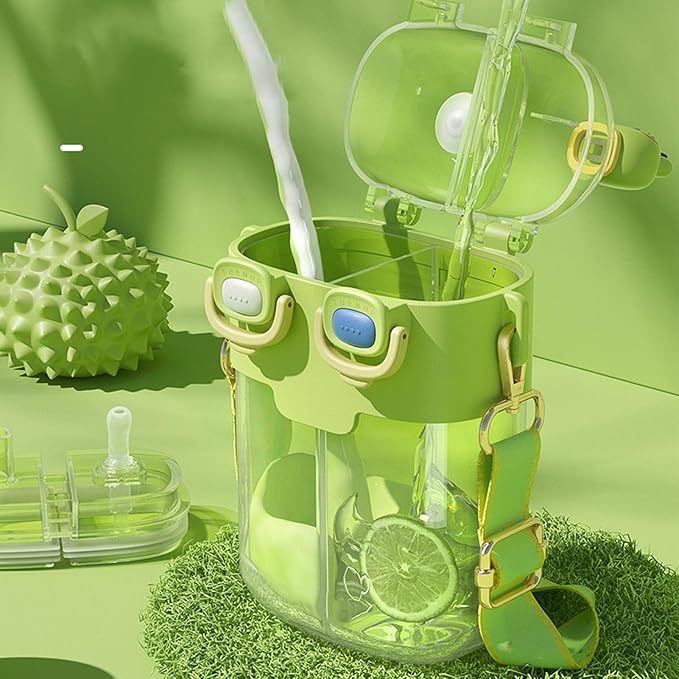 Fdit Kawaii Water Bottles with Straw, Fashion Plastic Double Drinking Water Bottle Adjustable Strap for Sports Fitness Gym Camping (Lime Green 780ml)