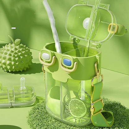 Fdit Kawaii Water Bottles with Straw, Fashion Plastic Double Drinking Water Bottle Adjustable Strap for Sports Fitness Gym Camping (Lime Green 780ml)
