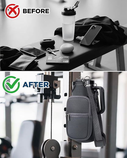 Magnetic Gym Bag Water Bottle Carrier Holder with Phone Pockets & Shoulder Strap for Men Women,Water Bottle Holder, Gym Pouch, Crossbody Bag for Travel, Sports, Work, Fitness - Dark Gray