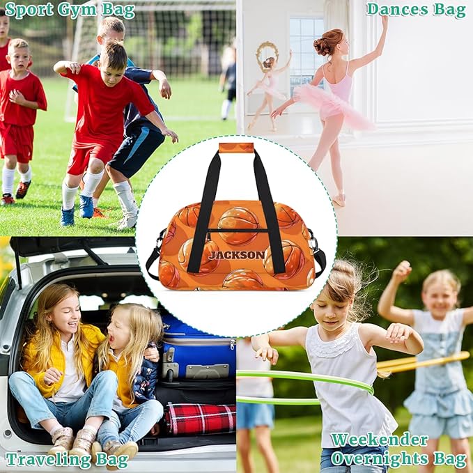 Personalized Kids Basketball Gym Sport Bags with Custom Name Boys Sport Training Travel Bags for Overnight Weekender, Orange