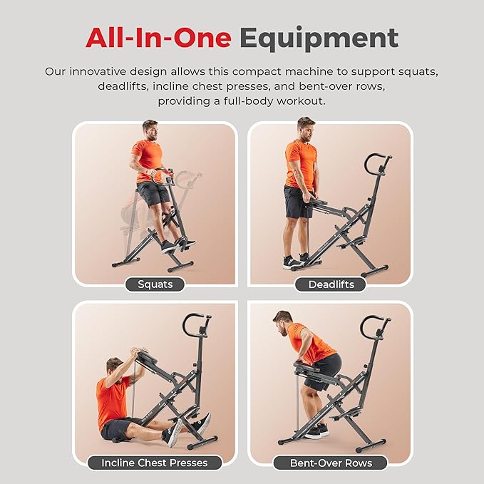 Sunny Health & Fitness Row-N-Ride Squat Machines, Adjustable Resistance and Seating/Handle for Home Glutes Training, SunnyFit App Access Included, Optional 300LB Weight Capacity