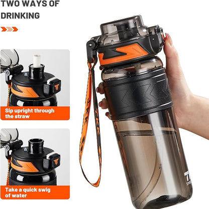 TKK Sports Water Bottles with Removable Straw 29 oz Leak-proof Flip Top Lid BPA Free Tritan Bottles with Strap for School, Fitness, Gym, Outdoor, Black