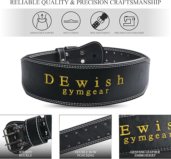 10 Adjustable Holes Genuine Leather Weightlifting Belt, 4”& 6”Width, Double Prong Power Belt for Gym Bodybuilding, weightlifting, powerlifting, squats and deadlifts