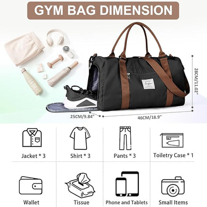 Gym Bag for Women Men with Shoes Compartment,Sports Duffle Bag Personal item travel Duffel Bags Tote Bag Small Carry on Weekender Overnight Bags Workout Dance Bag Hospital Holdalls Black Brown