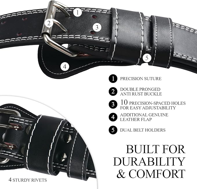10 Adjustable Holes Genuine Leather Weightlifting Belt, 4”& 6”Width, Double Prong Power Belt for Gym Bodybuilding, weightlifting, powerlifting, squats and deadlifts