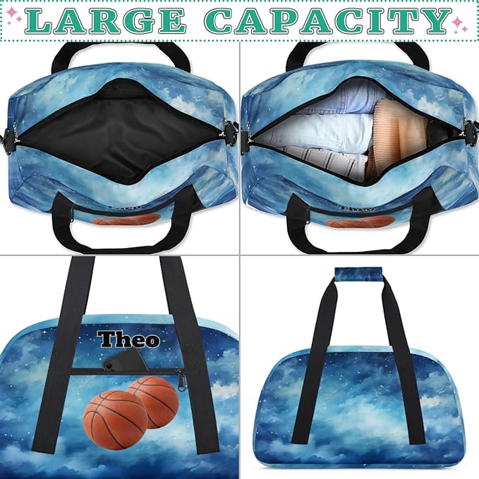 Custom Basketball Sports Bag for Men Boys, Personalized Sport Bag Travel Overnight Small Duffel Bag Gymnastics Workout Sleepover Overnight Bag, Watercolor Blue Galaxy Starry Sky