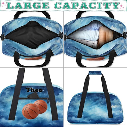 Custom Basketball Sports Bag for Men Boys, Personalized Sport Bag Travel Overnight Small Duffel Bag Gymnastics Workout Sleepover Overnight Bag, Watercolor Blue Galaxy Starry Sky