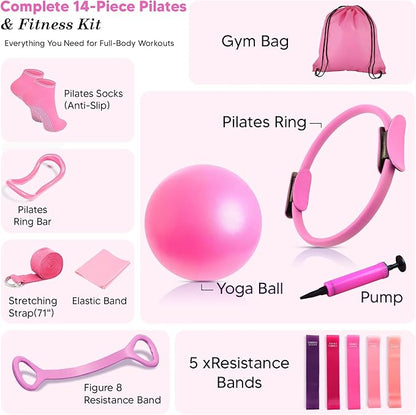 Pilates Ball and Ring Set for Women - 14-Piece At Home Pilates Kit with 12-Inch Magic Circle, 5 Resistance Bands, Home Workout Equipment for Full Body Training (Pink)