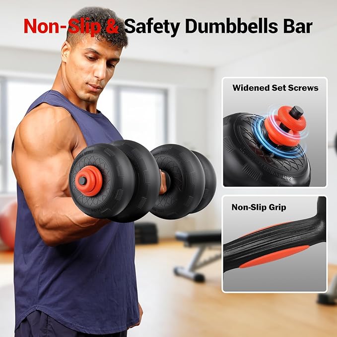 Adjustable Dumbbell Set, Free Weight Set with Silent Anti-Collision Air Cushion with Connector, 5-in-1 Dumbbells Set Includes Barbell, Kettlebells, Push up Stand, Weight Plate, Exercise & Fitness Dumbbells Weight Set for Home Gym Suitable Men/Women