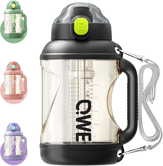QWE Gym Plastic PPSU Water Bottles for men with Straw and Handle,Lightweight,54oz Large High-capacity for Hiking&Camping,Heat-resisting,Reusable, BPA Free,Double Drinking,leak proof(Black)