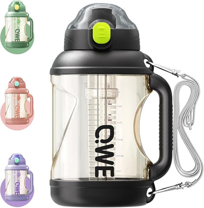 QWE Gym Plastic PPSU Water Bottles for men with Straw and Handle,Lightweight,54oz Large High-capacity for Hiking&Camping,Heat-resisting,Reusable, BPA Free,Double Drinking,leak proof(Black)