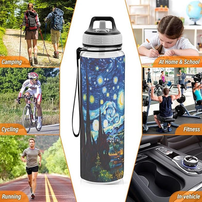 ALAZA Starry Night Mountain Art Sports Water Bottle with Straw Tritan Drink Bottle 32 oz BPA Free Reusable for Travel Outdoor Fitness
