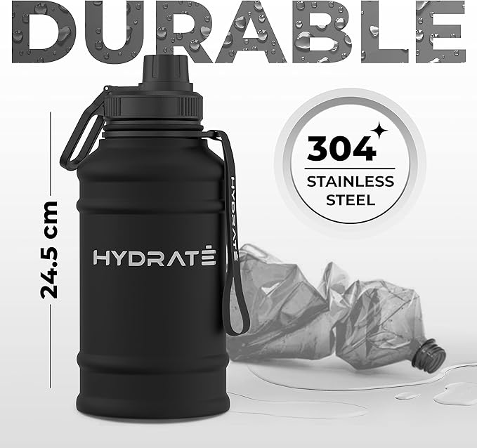 HYDRATE 43 Oz Stainless Steel Water Bottle - BPA Free Metal Water Bottle for Gym, Exercise - Water Jug with Convenient Nylon Carrying Strap and Leak-Proof Screw Cap Water Bottles for Men, Women, Adult
