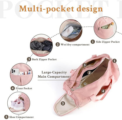 2PCS Gym bag for women, Duffle Bag with Wet Pocket & Shoe Compartment and item bag, Duffle Bag for Travel, Sports, Fitness & Workout