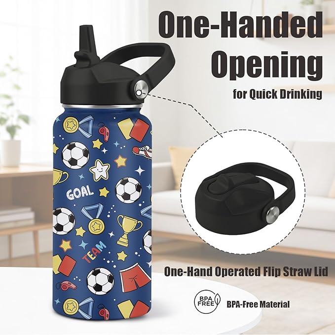 32oz Insulated Soccer Water Bottle for Kids & Adults - Stainless Steel, BPA-Free, Leak Proof Straw Lid - Sports Water Bottle for Gym, School, Travel - Ideal Soccer Gifts for Boys, Girls, Men