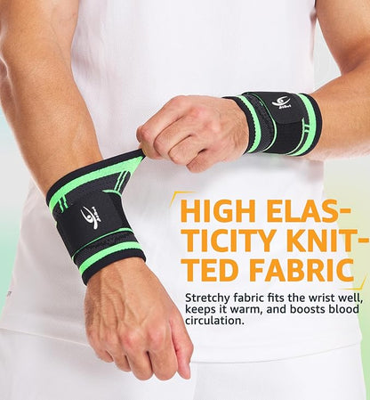 HiRui Wrist Brace Wrist Wraps Compression Wrist Strap, Wrist Support for Work Fitness Weightlifting Sprains Tendonitis, Carpal Tunnel Arthritis, Pain Relief, Adjustable Wristbands 2 PACK (Green, S)