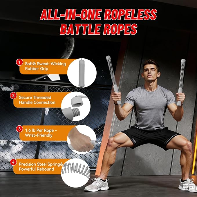 Ropeless Battle Ropes for Home Gym - Heavy Duty Cordless Workout Ropes for HIIT, Strength & Cardio Training, Portable Exercise Equipment for Men & Women, Low-Impact Fitness Rope (grey)