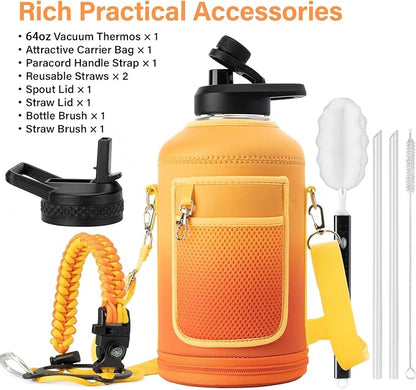 64 oz Insulated Water Bottle | Upgraded Thickened Stainless Steel Water Jug for Hiking with Straw, Carrier Bag, Handle Strap | BPA-Free 64 oz