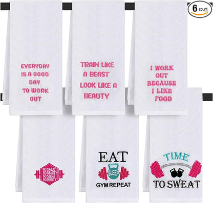 6 Pcs Funny Novelty Fitness Gym Embroidered Towels with Quotes Pink Cotton Fitness Sweat Towels Personal Trainer Workout Gifts for Women Yoga Bodybuilding Lovers Gift