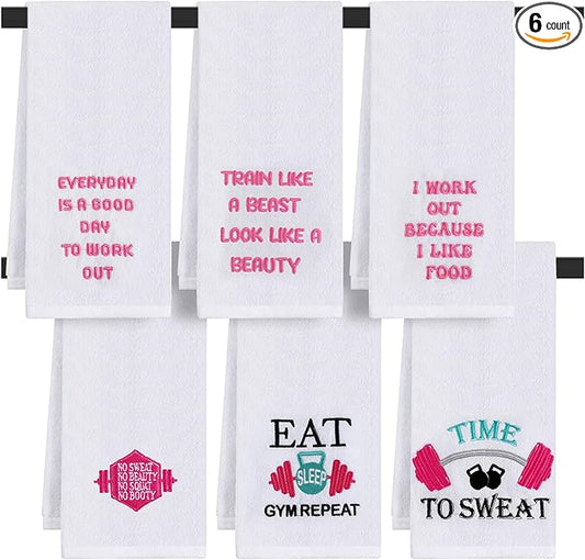 6 Pcs Funny Novelty Fitness Gym Embroidered Towels with Quotes Pink Cotton Fitness Sweat Towels Personal Trainer Workout Gifts for Women Yoga Bodybuilding Lovers Gift