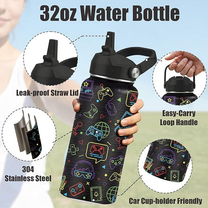 Gamer Water Bottle 32oz - Insulated Stainless Steel with Straw, Leak Proof Lid - Ideal Gaming Gifts for Kids Boys Teens - BPA-Free Sports Bottle for School, Travel & Gaming