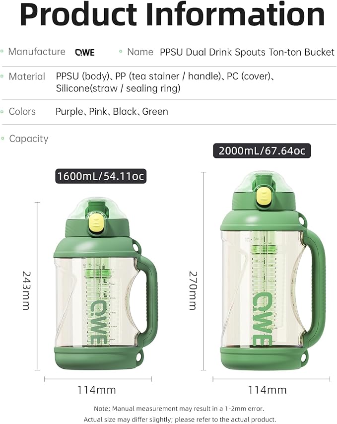 QWE Gym Plastic PPSU Water Bottles for men with Straw and Handle,Lightweight,54oz Large High-capacity for Hiking&Camping,Heat-resisting,Reusable, BPA Free,Double Drinking,leak proof(Green)