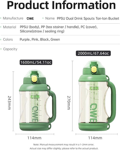 QWE Gym Plastic PPSU Water Bottles for men with Straw and Handle,Lightweight,54oz Large High-capacity for Hiking&Camping,Heat-resisting,Reusable, BPA Free,Double Drinking,leak proof(Green)