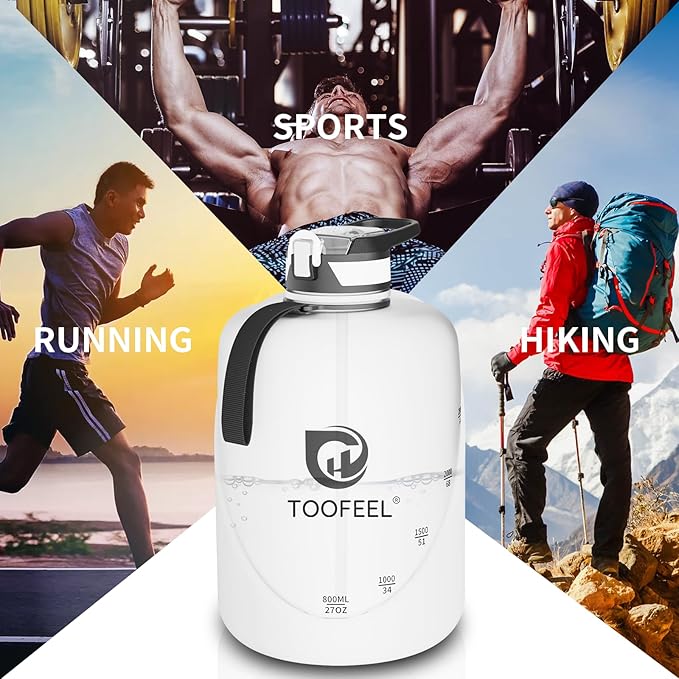 TOOFEEL 1 Gallon Water Bottle with Straw & Chug Lid,BPA Free,Leak-Proof, Dishwasher Safe,128 oz Large Water Jug with Strap,Sports & Travel & Gym Water Bottle for Men and Women - White