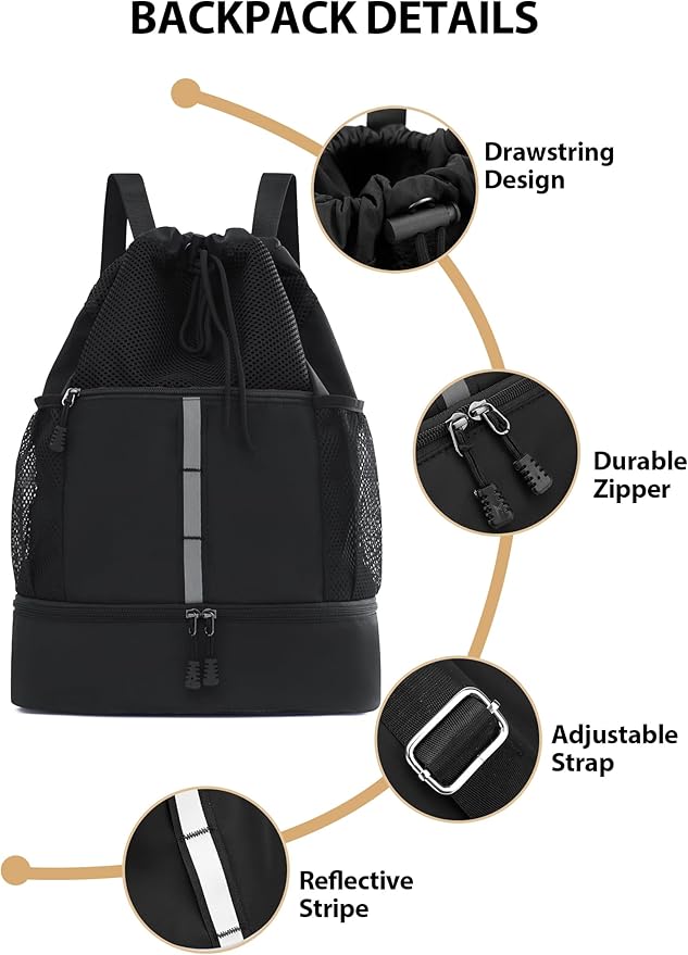 U.helper Waterproof Gym Drawstring Backpack, Sports Sack with Shoes Compartment & Wet Pockets for Ball/Beach/Swim Training