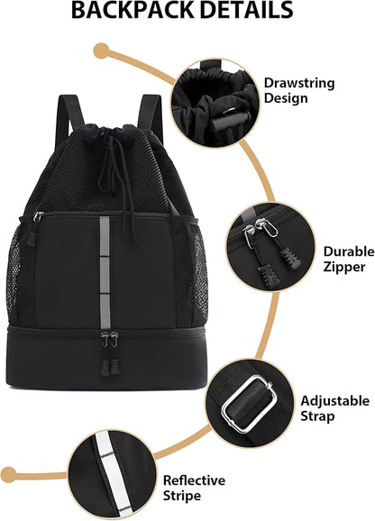 U.helper Waterproof Gym Drawstring Backpack, Sports Sack with Shoes Compartment & Wet Pockets for Ball/Beach/Swim Training