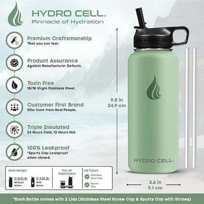 HYDRO CELL Stainless Steel Insulated Water Bottle with Straw - For Cold & Hot Drinks - Metal Vacuum Flask with Screw Cap and Modern Leakproof Sport Thermos for Adults (Sage 32oz)
