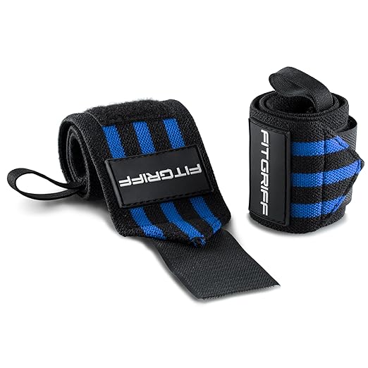 Fitgriff® Wrist Wraps for Weightlifting (18") Heavy-Duty Support for Gym, Bench Press, and Pushups (1 Pair) - for Men and Women (Black/Blue)