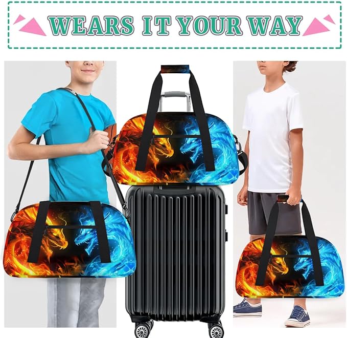 Dragon Fire Water Kids Duffel Bag for Boys, Sports Gym Bag Overnight Travel Weekender Bag Lightweight Carry On Sleepovers Bag for School Practice Gymnastics