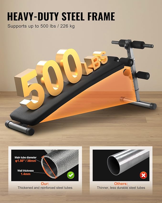 VEVOR Sit Up Bench, Decline Ab Bench with Reverse Crunch Handle, Adjustable Height Setting, Heavy Duty Steel, 500/600/1000 Lbs Capacity for Home Gym Workouts, Strength Training, Full Body Muscles