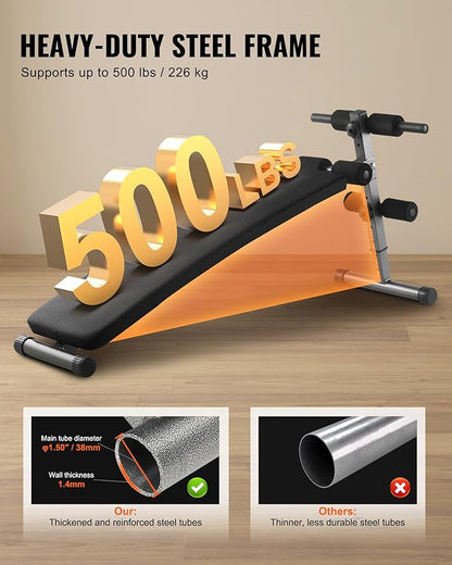 VEVOR Sit Up Bench, Decline Ab Bench with Reverse Crunch Handle, Adjustable Height Setting, Heavy Duty Steel, 500/600/1000 Lbs Capacity for Home Gym Workouts, Strength Training, Full Body Muscles