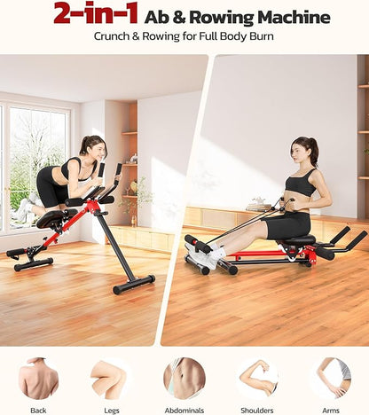 Yoleo 2 in 1 Ab & Rowing Machines for Home, Foldable Ab Workout Equipment, Ab Trainer Machine for Stomach Workout, Ab Crunch Machine with Foam Support,7-Length Adjustable Ab Machine for Home Exercise