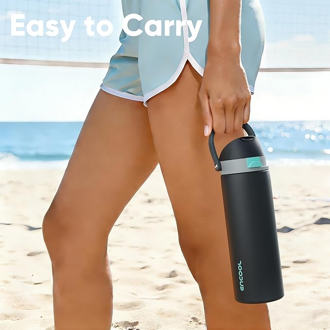 Insulated Water Bottle with Straw - Encool Stainless Steel Water Bottle with Push Button Lid, Leak-Proof & BPA-Free, Keeps Cold for 24 Hours for Sports, Travel, Gym (32 oz, Tuna Grey-Green)