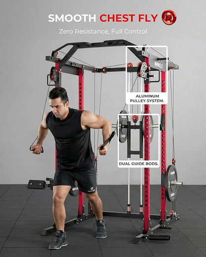 Mikolo K6 2.0 Power Cage, Power Rack with Cable Crossover System, 2000LBS Squat Rack with LAT Pull Down System, Functional Trainer with Aluminum Pulley System for Home Gym