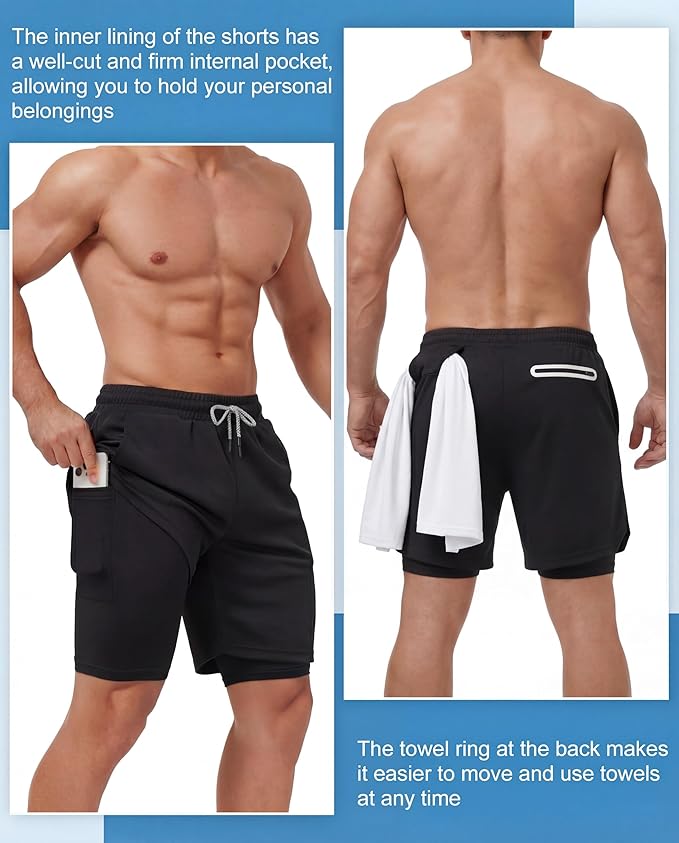 Sureio 3 Pcs Men's 2 in 1 Gym Workout Running Shorts 7 Inch Quick Dry Lightweight Athletic Short with Liner Pocket Towel Loop