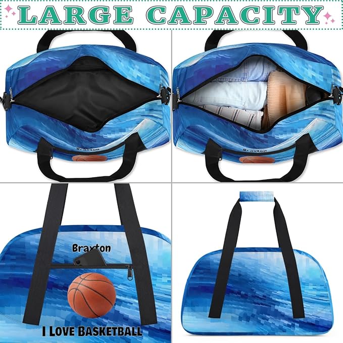 Custom Named Sports Basketball Bag for Boys, Gym Bag Sports Travel Duffle Bag Tote Dance Training Carry On Weekend Sports Bag, Watercolor Blue Geometric with Basketball