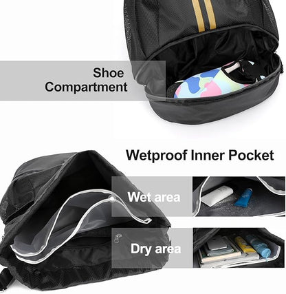 Hoedia Sports Drawstring Backpack - String Swim Gym Bag with Shoes Compartment and Wet Proof Pocket for Women&Men, Black Gold