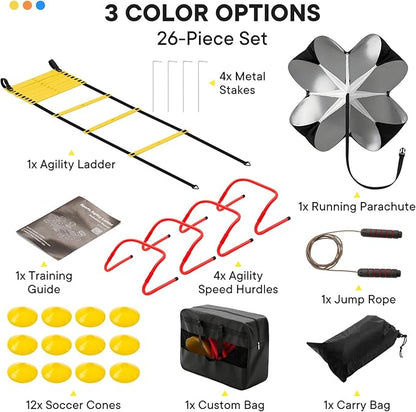 Agility Ladder Speed Training Equipment Set-20ft Ladder, 12 Cones, 4 Adjustable Hurdles, Jump Rope, Resistance Parachute| Basketball, Soccer, Football Practice Equipment for Youth, Adults