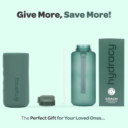 Hydracy Water Bottle with Time Marker -Large BPA Free Water Bottle & No Sweat Sleeve -Leak Proof Gym Bottle with Fruit Infuser Strainer & Times to Drink -Ideal for Fitness Sports & Outdoors