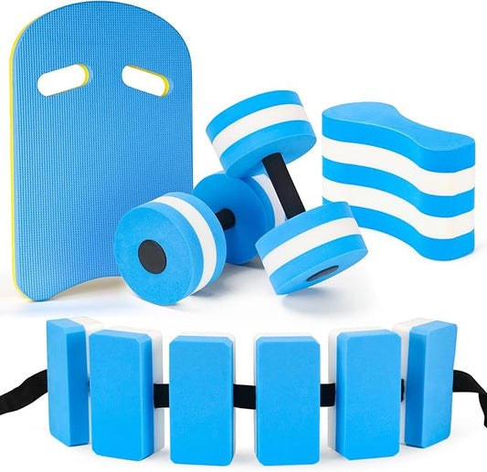 NEAGLORY 5 Pieces Water Aerobics Set, Aquatic Exercise Set Pool Fitness Equipment with Foam Dumbbell, Swim Kickboard, Pull Buoy, Aquatic Swim Belt for Water Workout