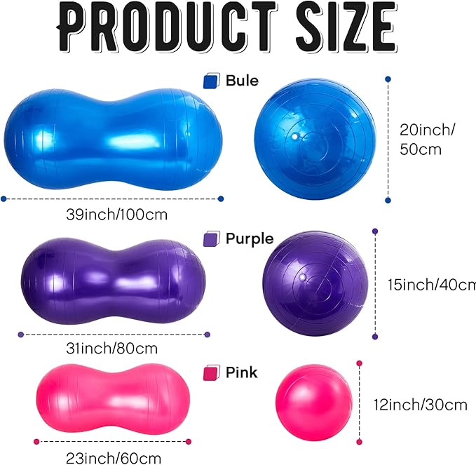 Jexine Peanut Ball for Kids Therapy - 3-Piece Anti-Burst Set, Yoga Balance Exercise Ball for Pregnancy & Home Gym, Includes 1 Pump & 3 Size Options