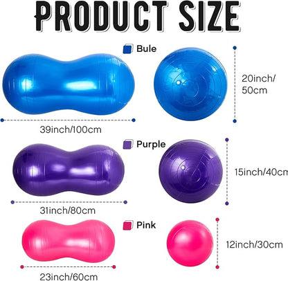 Jexine Peanut Ball for Kids Therapy - 3-Piece Anti-Burst Set, Yoga Balance Exercise Ball for Pregnancy & Home Gym, Includes 1 Pump & 3 Size Options