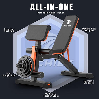 Adjustable Weight Bench - 1000LBS Capacity Heavy Duty Foldable Workout Bench for Full Body Exercise, Flat/Incline/Decline, Bench Press for Home Gym with Preacher Pad & Leg Extension