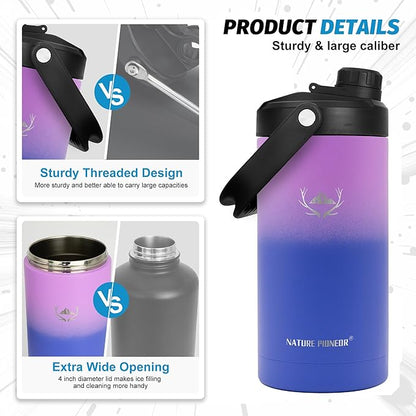 NATURE PIONEOR 64 oz Insulated Water Bottle - Double Vacuum Stainless Steel Half Gallon Water Jug with Holder/Carrier, Wide Mouth, Outdoor Sports, Hiking, Camping, Gym